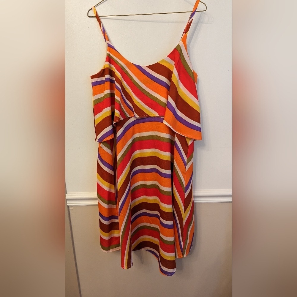 Judith March Striped Rainbow‎ Dress Tiered Women's Size Large Boho Colorful